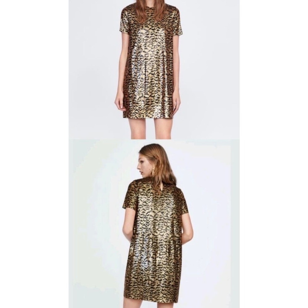 Zara Kids Leopard Animal Print Formal Sequin Mini Lined Dress Gold Size 13/14‎